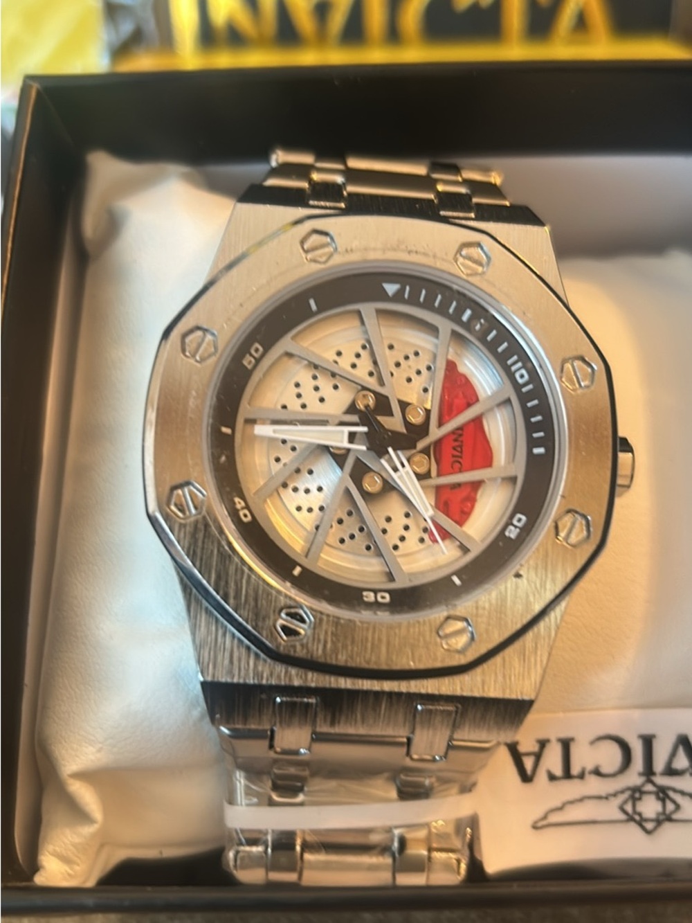 Invicta Men's Silver Watch with Red Accent Skeleton Dial